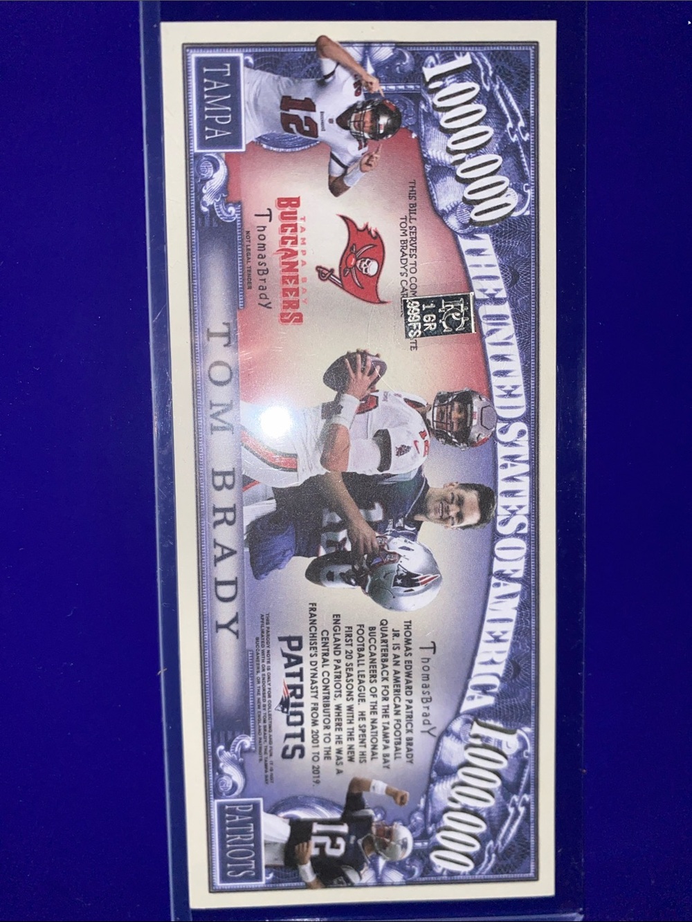 Tom Brady Commemorative Football Collage Note with 1 grain of silver.